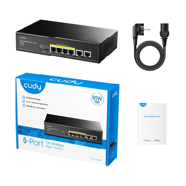 Cudy FS1006P 4-პორტიანი PoE+ სვიჩი 10/100M, 60W, +2 Uplink